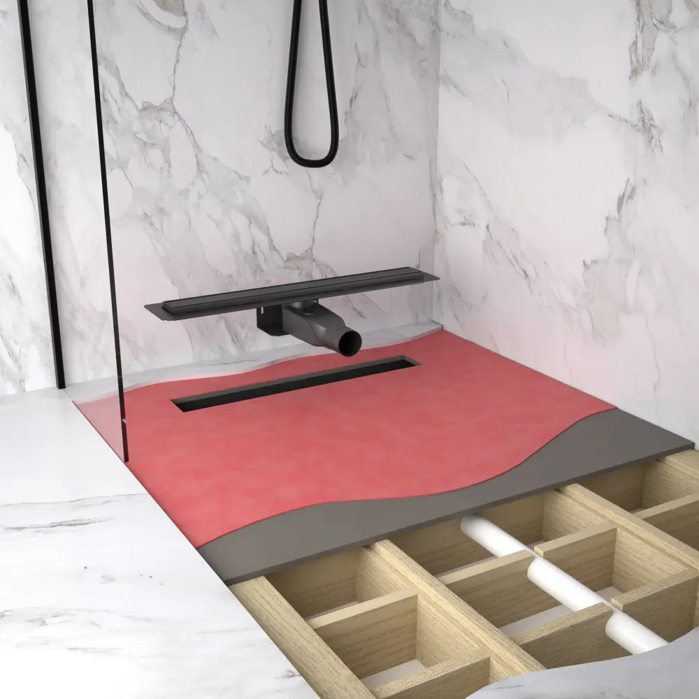 Generous Wet Room Box Timber Floors 160cm x 90cm Drain - Brushed Gunmetal