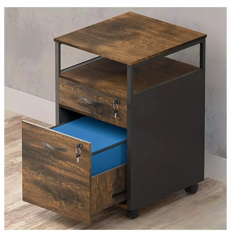 2 Drawer Rustic File Cabinet Lock Wheels and Open Shelf Home Office Storage A4 Letter Size