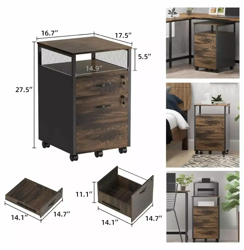 2 Drawer Rustic File Cabinet Lock Wheels and Open Shelf Home Office Storage A4 Letter Size