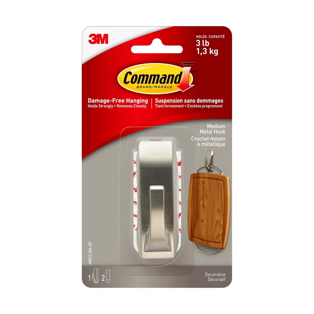 Quick-Dry Antimicrobial Command Brushed Nickel & Medium Bath Hook «Modern Reflections», 3 lb (1.4 kg), 1 Hook, 2 Moistur...