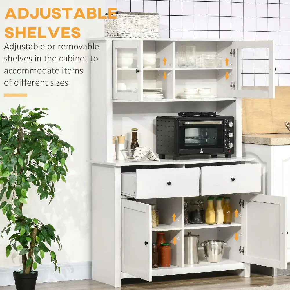 Homcom - 63.5" Kitchen Buffet Hutch, Pantry Storage Cabinet 4 Shelves, Drawers, Framed Glass Doors, Open Microwave Counter...