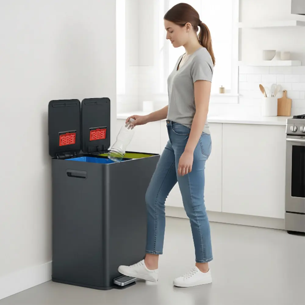 61 Liter / 16 Gallon SoftStep Gunmetal Gray Dual Compartment Trash and Recycle Bin Polycarbonate Lids and AbsorbX Odor Fil...
