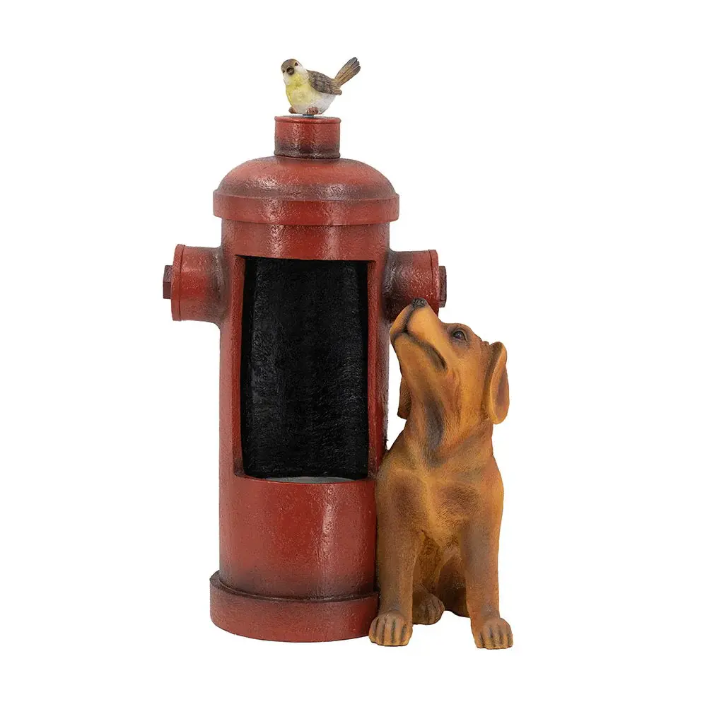 Red Fire Hydrant Water Fountain Dog And Bird Accents, Outdoor Fountian Light And Pump - Red / Light Espresso