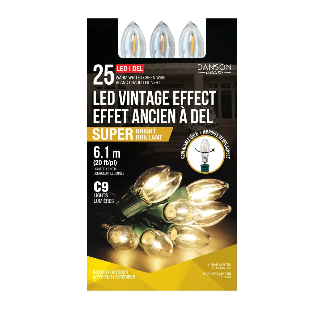 String 25 Bright C9 LED Lights Vintage Look on Green Wire 20' (6.1 m), Warm Snow