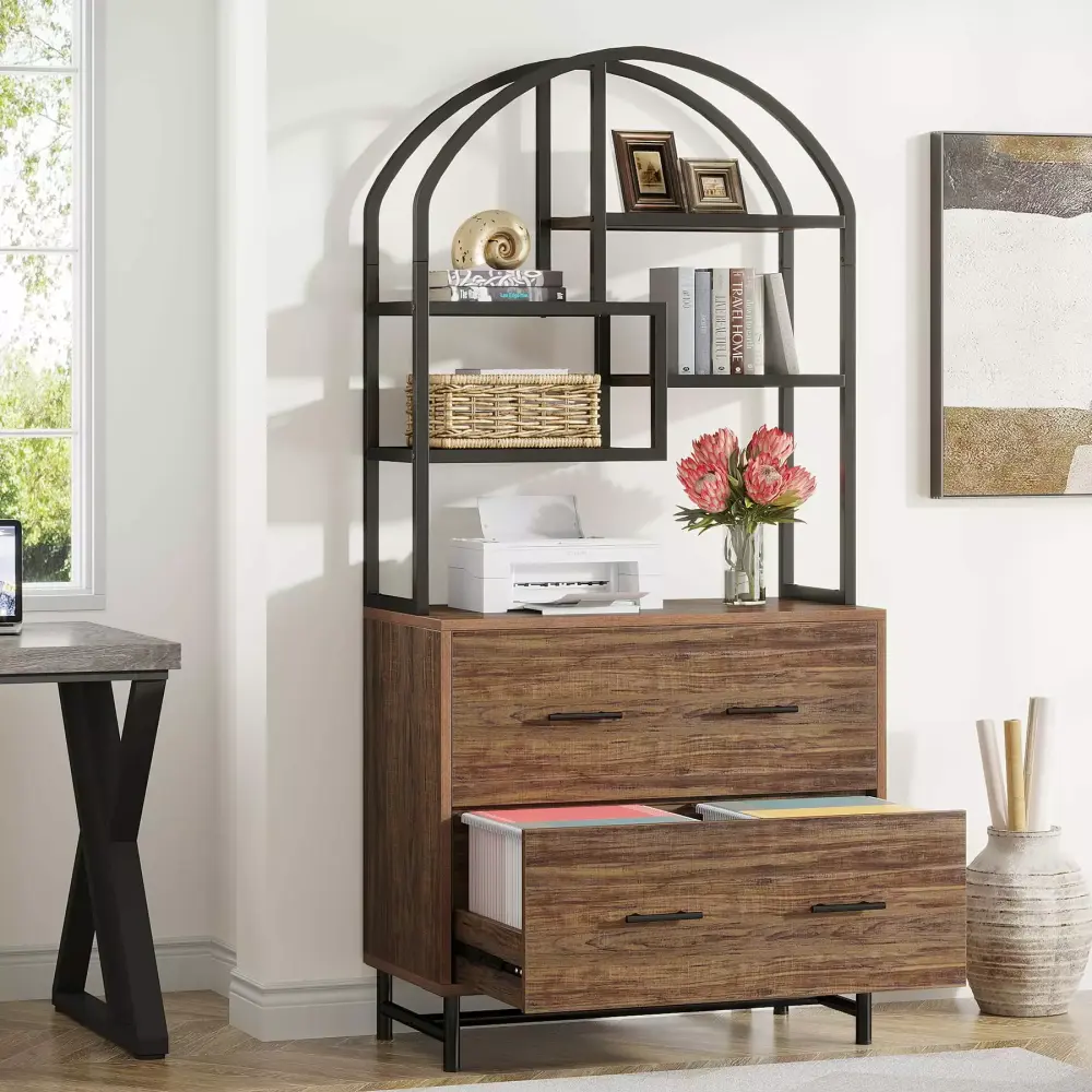 Tribesigns 2 Drawer Arched File Cabinet Industrial Bookshelf Rustic Brown