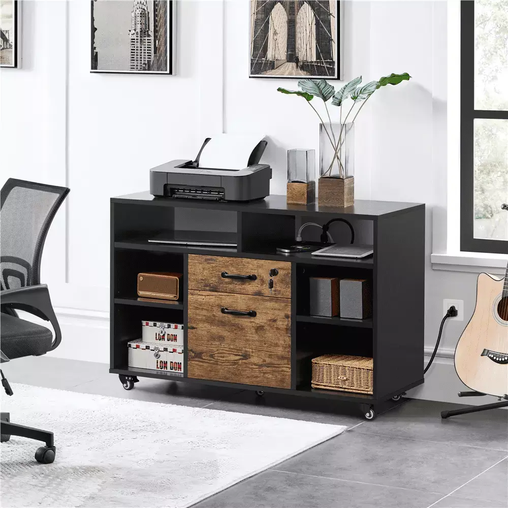 Yaheetech Modern Industrial Rolling File Cabinet Power Outlet Black Rustic Brown