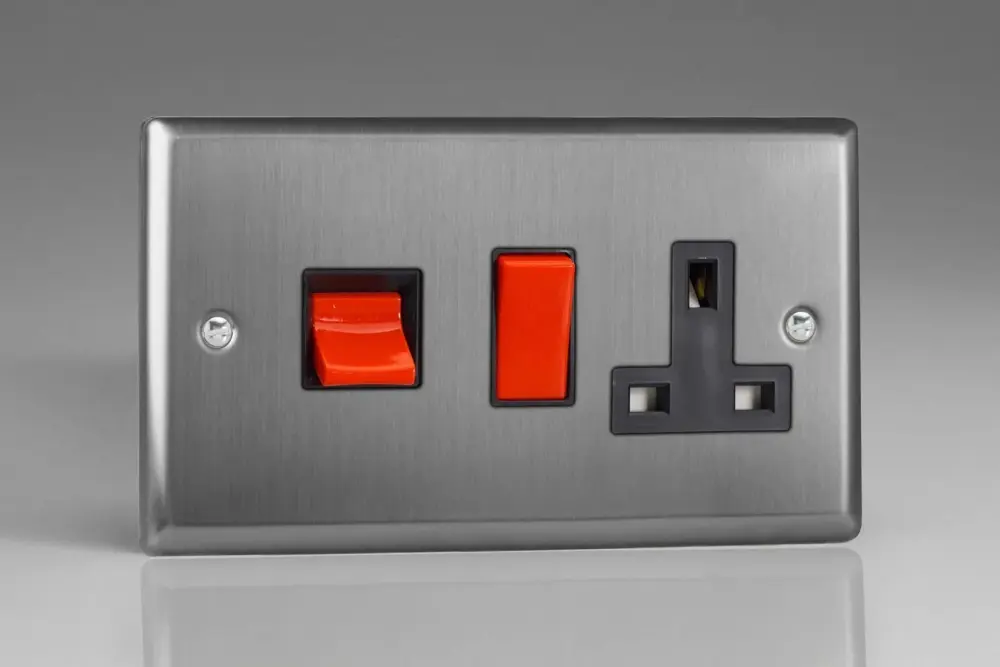 Varilight XT45PB Vintage Brushed Steel 45A DP Cooker Switch + 13A Switched Socket