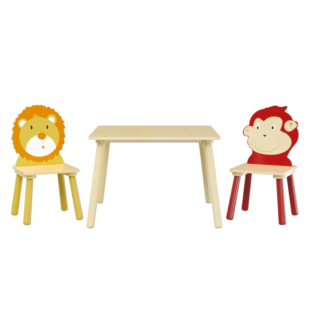 Kids Table And 2 Chairs Set, 3 Pieces Toddler Table And Chair Set, Wooden Activity Play Table Set (Lion&Monkey) - Real