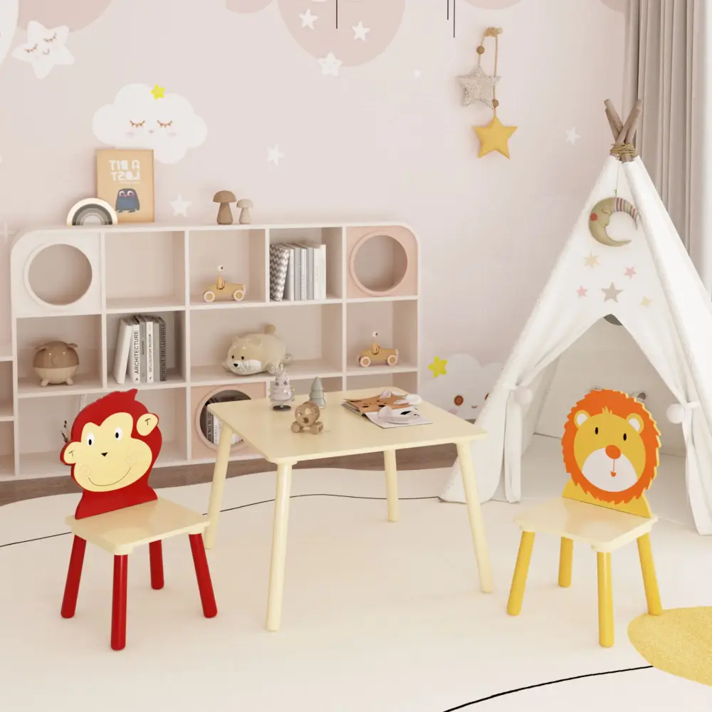 Kids Table And 2 Chairs Set, 3 Pieces Toddler Table And Chair Set, Wooden Activity Play Table Set (Lion&Monkey) - Real