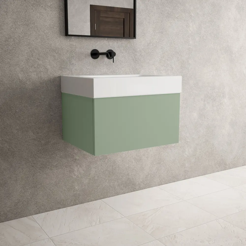 Raffinata One Drawer Vanity Unit Beyondstone BLOC Basin - Matt Airy Green 600mm