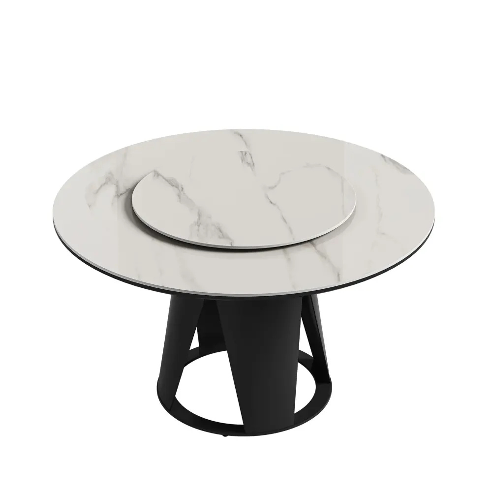 Modern Sintered Stone Dining Table Round Turntable, Metal Pedestal, And Chairs