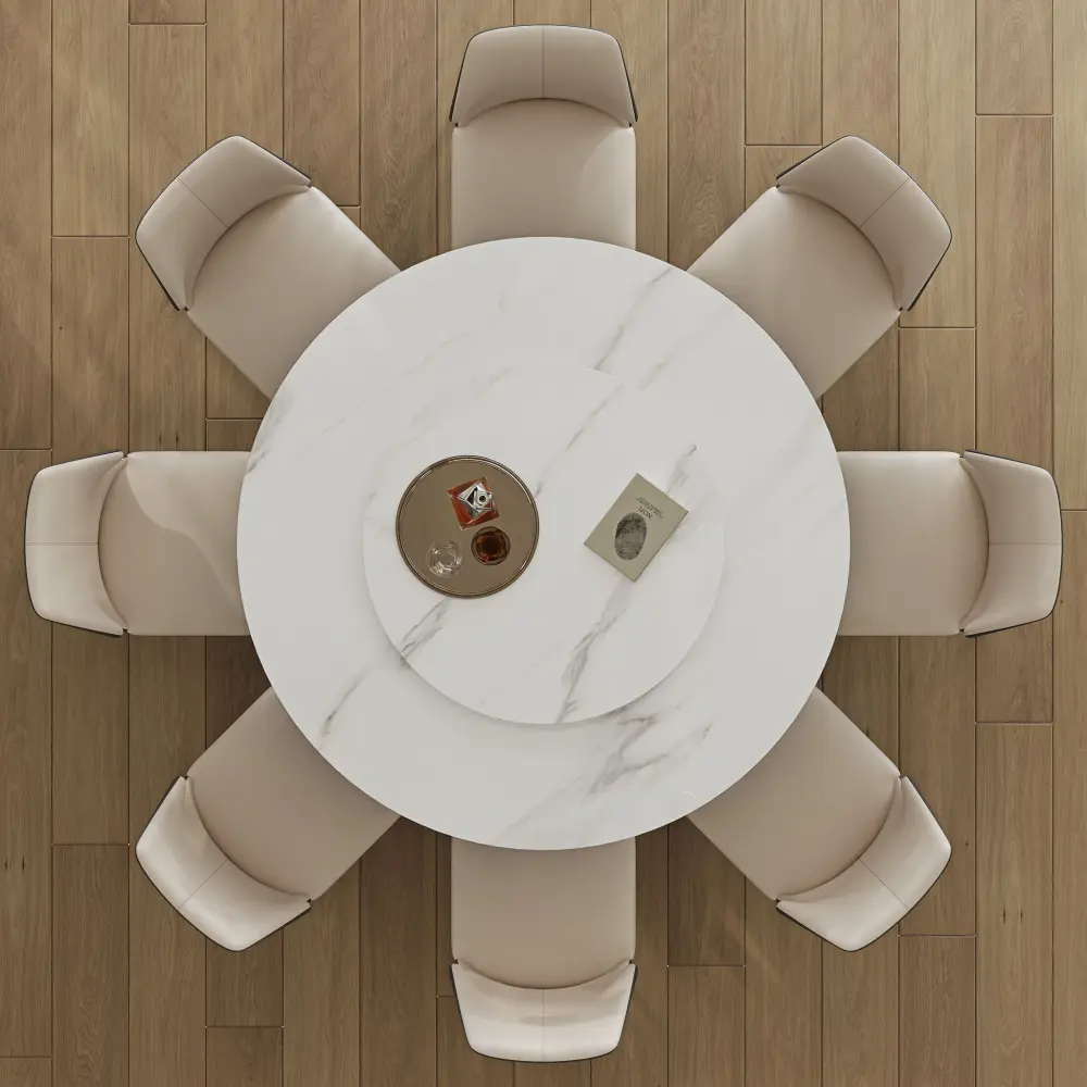 Modern Sintered Stone Dining Table Round Turntable, Metal Pedestal, And Chairs