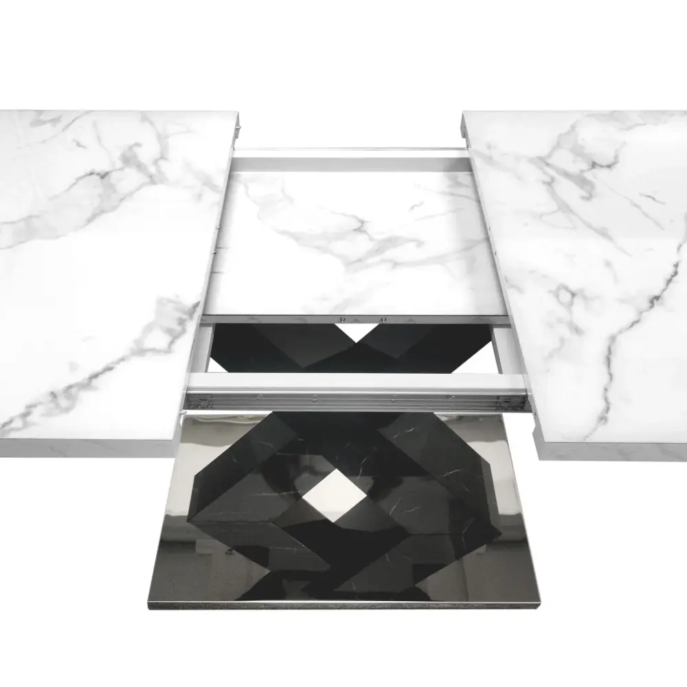 Rectangle Dining Table Stretchable Top, X Shape Mdf Legs Chromed Base - White / Black Scratch-Resistant Top
