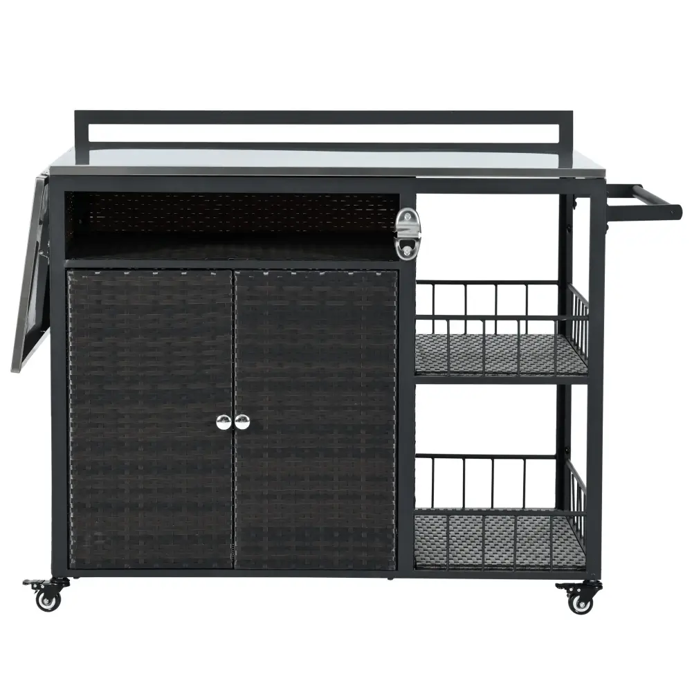Outdoor Kitchen Island Storage, Cooking Station, Grill Cart, Foldable Benchtop, And Bottle Opener - Dark Brown