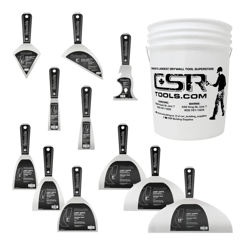 Ergonomic Grip Columbia Complete Stainless Hardened Putty Knife Set Bucket