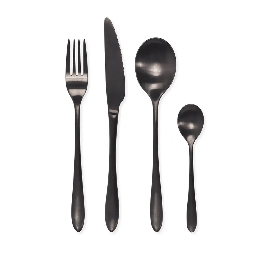 Serrated Edge Black Stainless Metal 16 Piece Cutlery Set