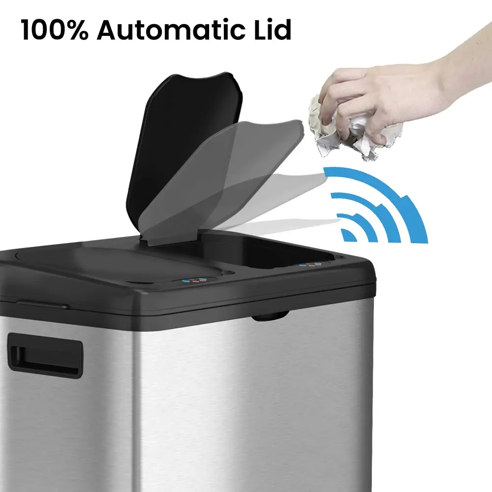 61 Liter / 16 Gallon Binary Compartment Sensor Kitchen Trash Can and Recycle Bin Wheels UL Certified