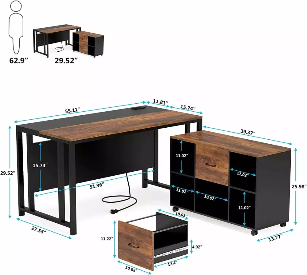 BIZFURN L-Shaped Computer Desk Power Outlet and Drawer Cabinet 55 Inch Executive Office Desk