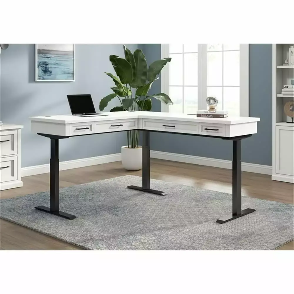 Modern Electric Sit Stand L Desk and Return Height Wood Desk White Martin Furniture
