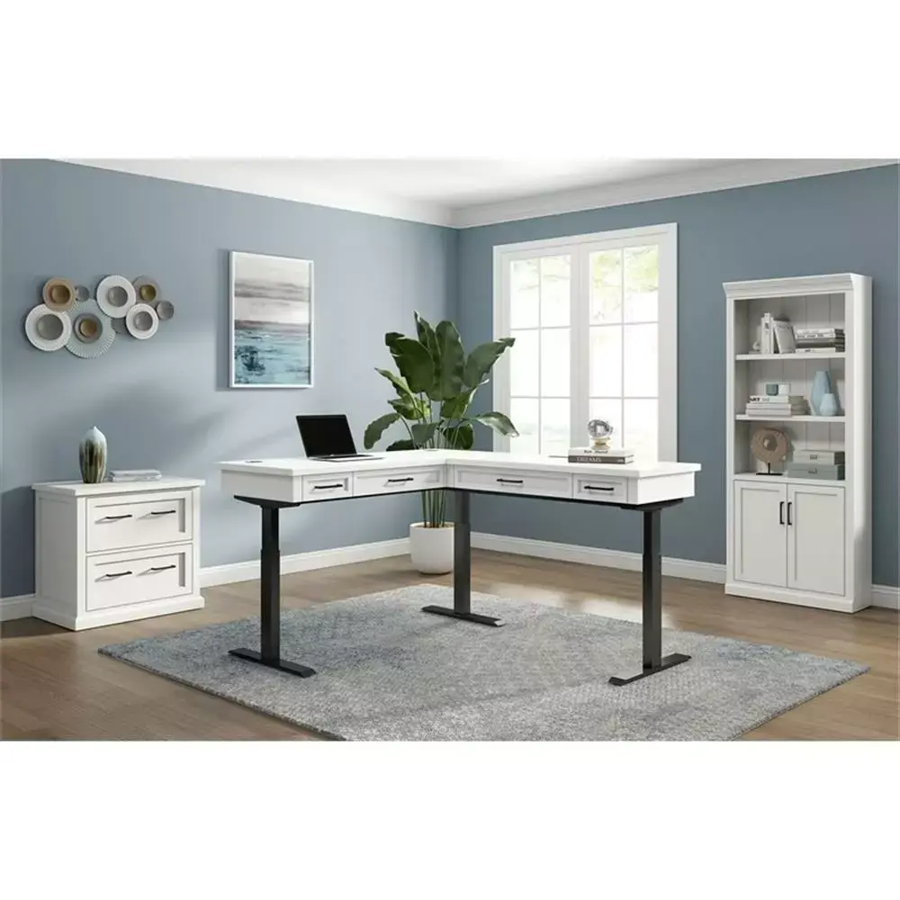 Modern Electric Sit Stand L Desk and Return Height Wood Desk White Martin Furniture