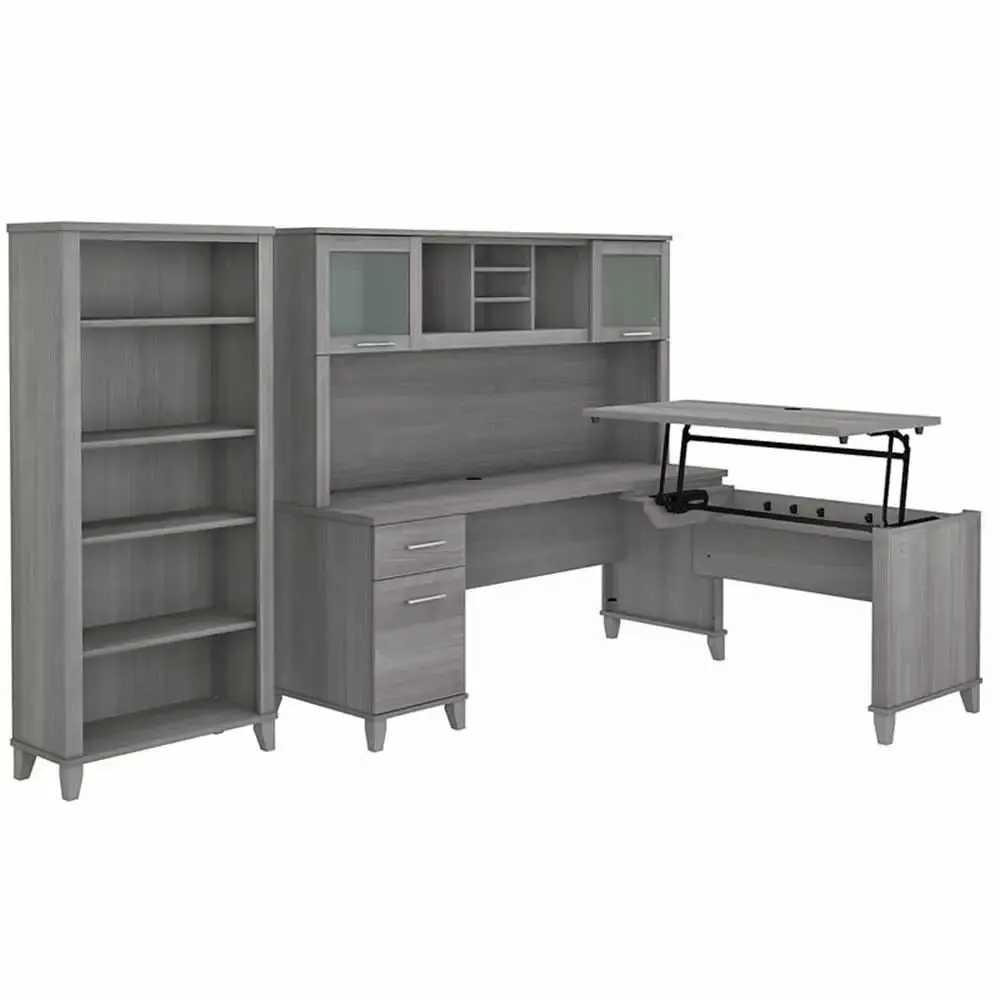 UrbanPro Sit to Stand L Desk Hutch and Bookcase Gray Engineered Wood