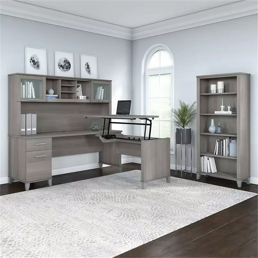UrbanPro Sit to Stand L Desk Hutch and Bookcase Gray Engineered Wood