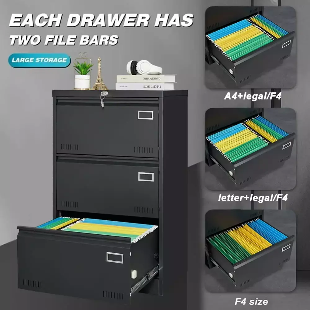 ALFRESCO Black 3-Drawer Lateral File Cabinet Lock Home Office
