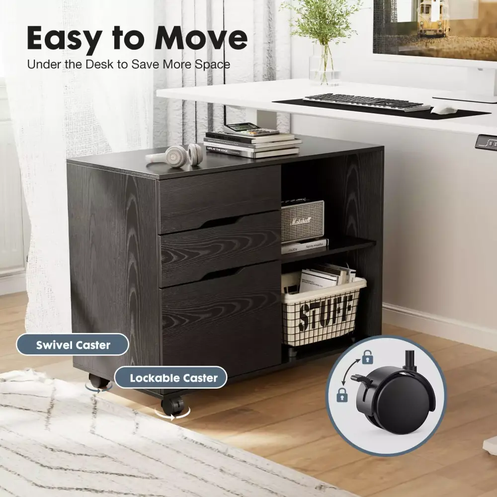 3-Drawer Mobile Lateral Filing Cabinet Open Storage Shelves Home Office CNCJ