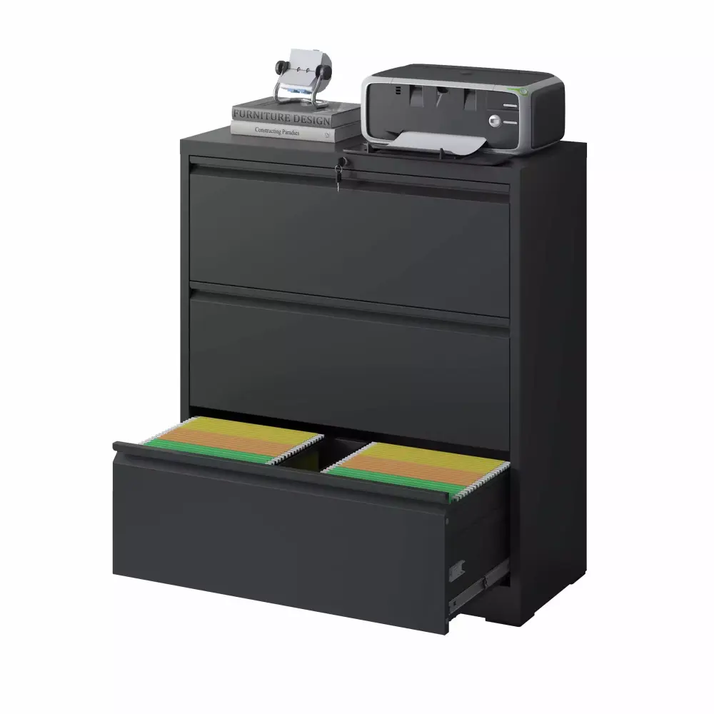 CoSoTower Lateral File Cabinet 3 Drawer Black Filing Cabinet Lock Home Office