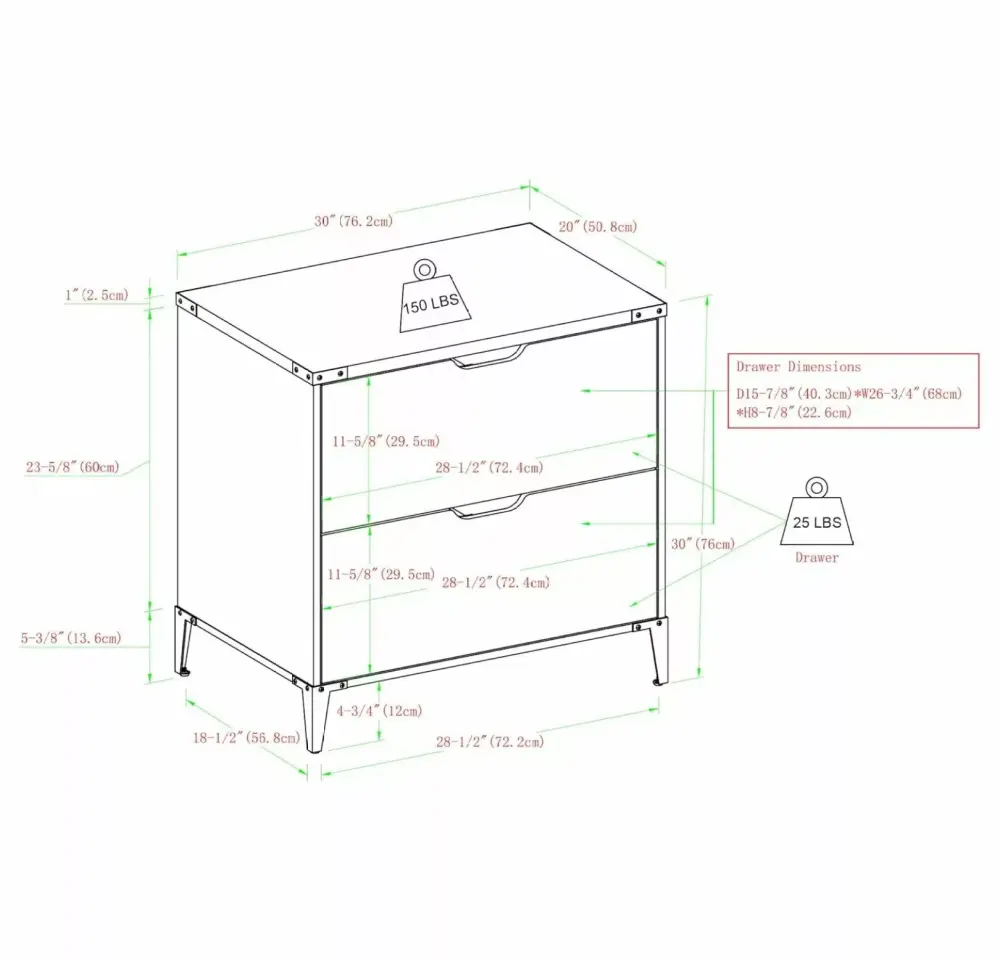 DazzAura Dark Walnut Modern Farmhouse Angle Iron Filing Cabinet 2 Drawer 30 Inch