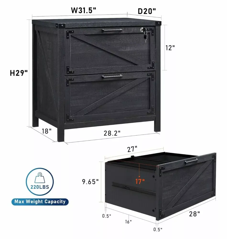 DazzAura 2 Drawer Farmhouse File Cabinet Lock Lateral Filing Cabinet Black