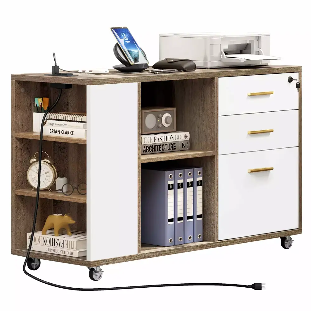 Dextrus Wood File Cabinet Charging Station and Lock Mobile Lateral Filing Cabinet White Brown