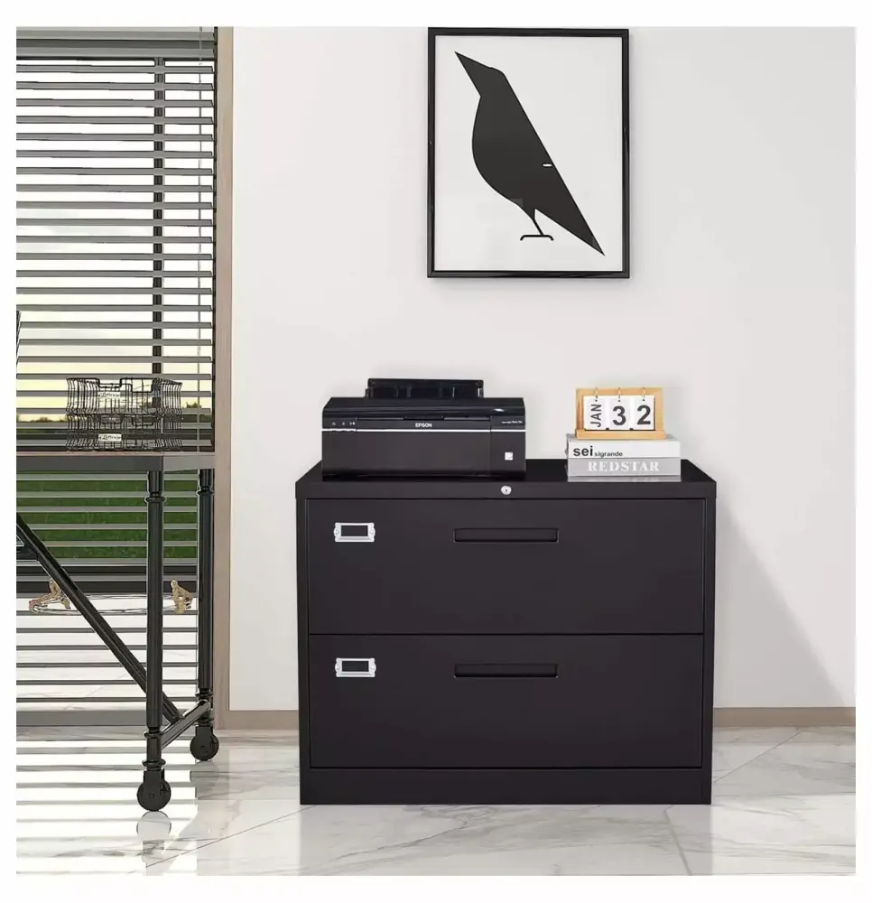 2 Drawer Lateral File Cabinet - Black Metal Filing Cabinet Lock Letter/Legal/A4 Hanging Files