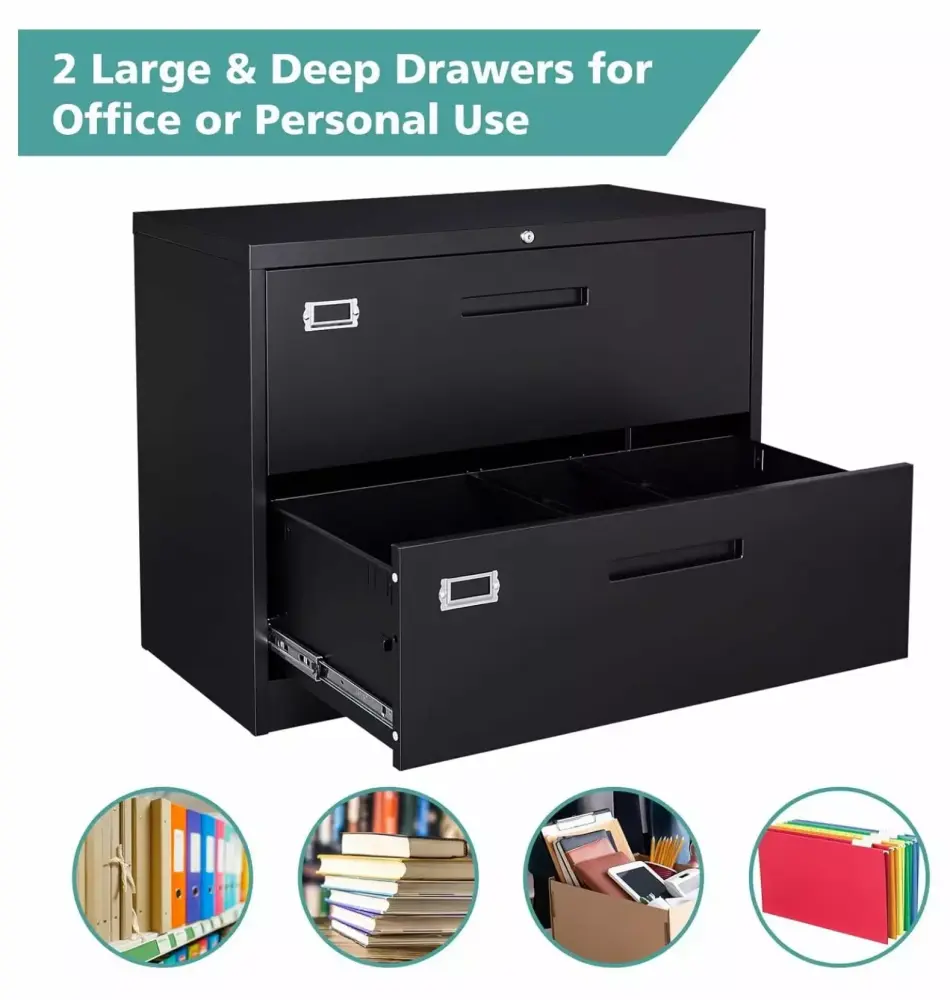 2 Drawer Lateral File Cabinet - Black Metal Filing Cabinet Lock Letter/Legal/A4 Hanging Files