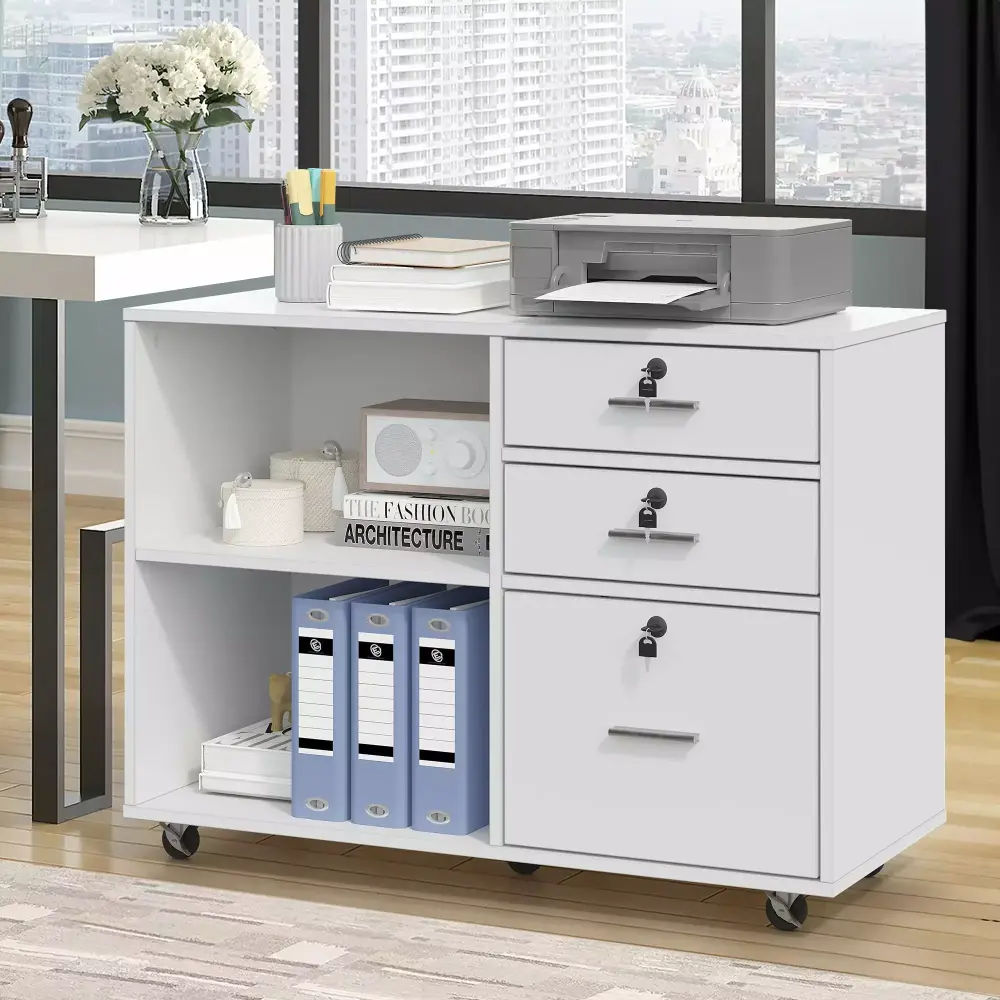 DWVO White 3 Drawer Wood Lateral Filing Cabinet Locks Printer Stand Storage Home Office