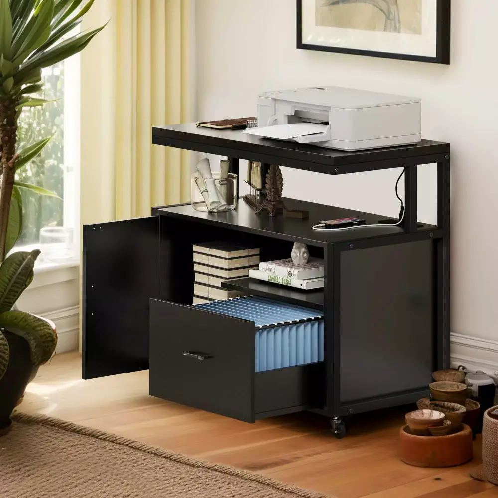 DWVO Wood File Cabinet Charging Station Rolling Lateral Filing Cart Door Printer Shelf A4 Letter Size Files Home Office