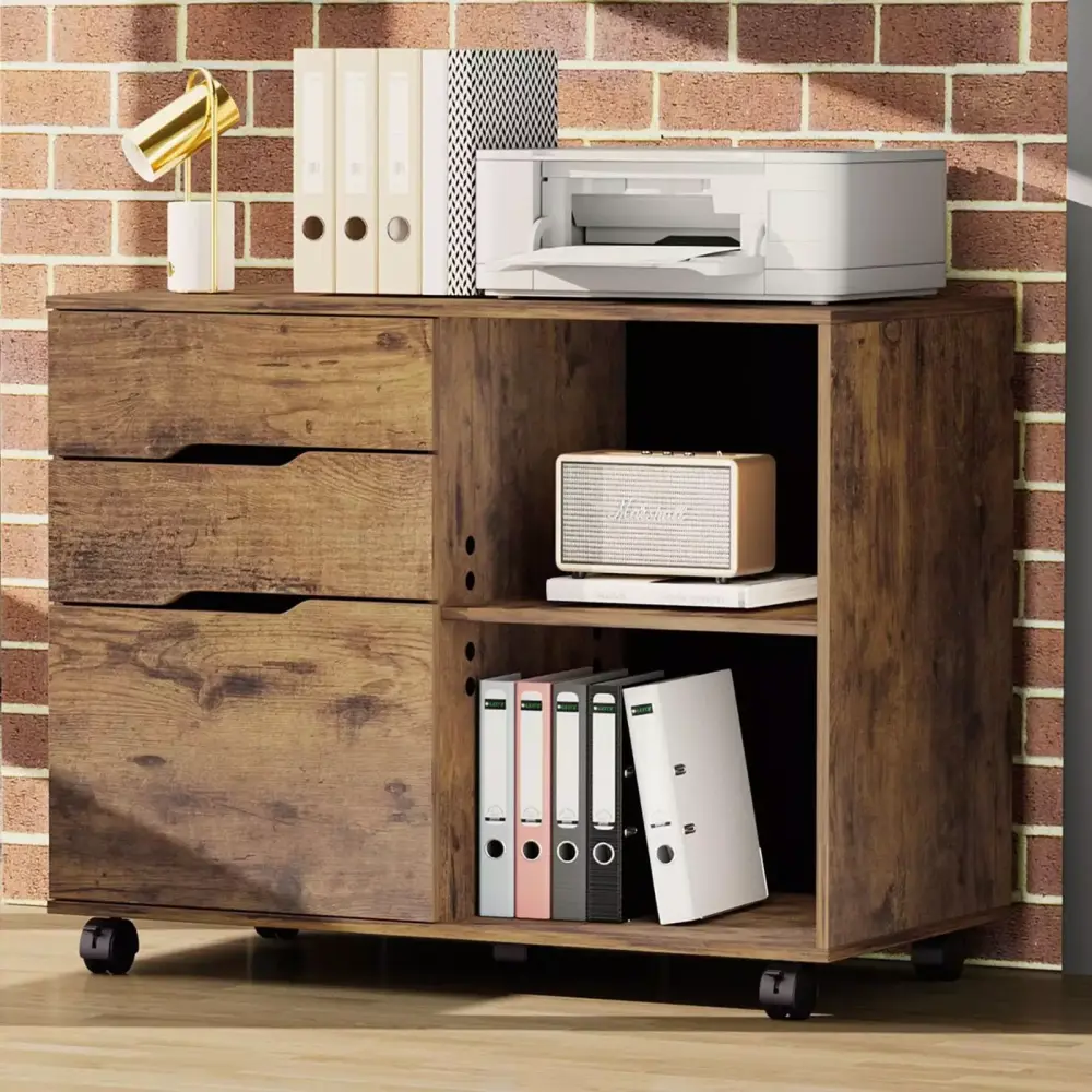 3-Drawer Wood File Cabinet Mobile Lateral Filing Cabinet Printer Stand Open Shelves Brown FHWM-C