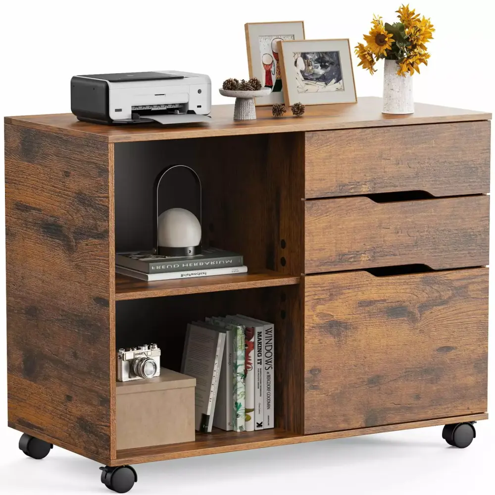 3-Drawer Wood File Cabinet Mobile Lateral Filing Cabinet Printer Stand Open Shelves Brown FHWM-C