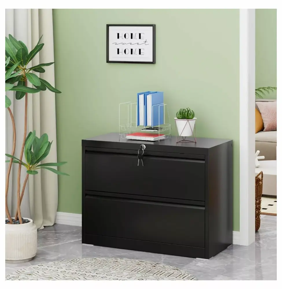 2 Drawer Lateral File Cabinet Metal Filing Cabinet Lock Home Office School Hanging Files Letter Legal F4 A4 Size Black HMTtie