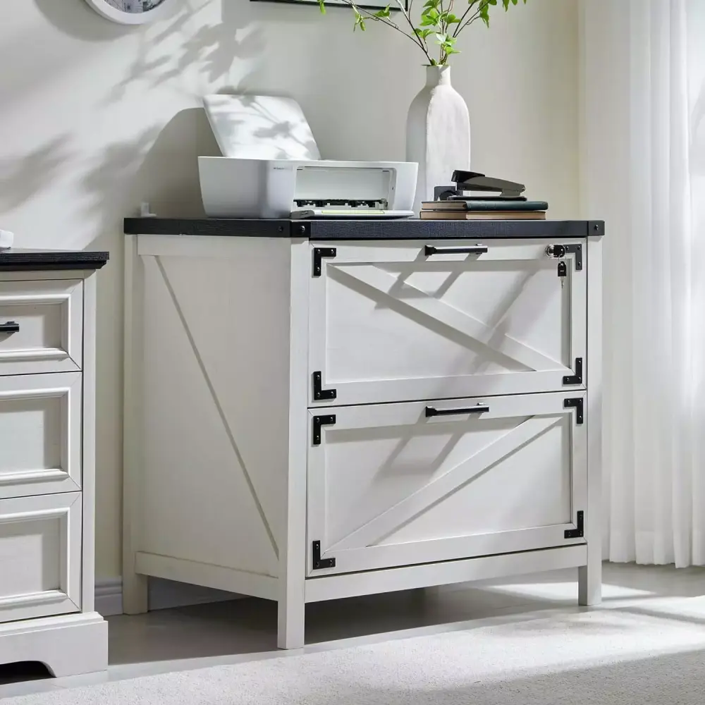 HUHAN 2 Drawer Farmhouse File Cabinet Lateral Filing Cabinet Lock Home Office White