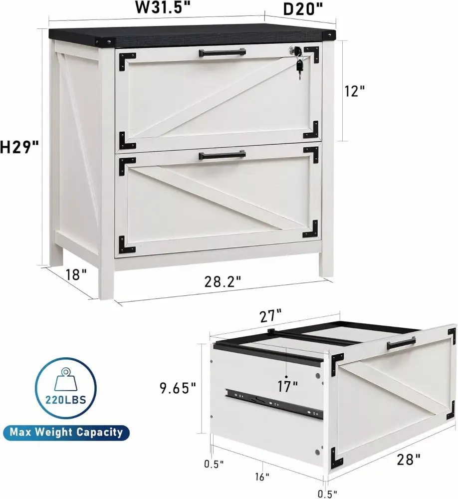 HUHAN 2 Drawer Farmhouse File Cabinet Lateral Filing Cabinet Lock Home Office White