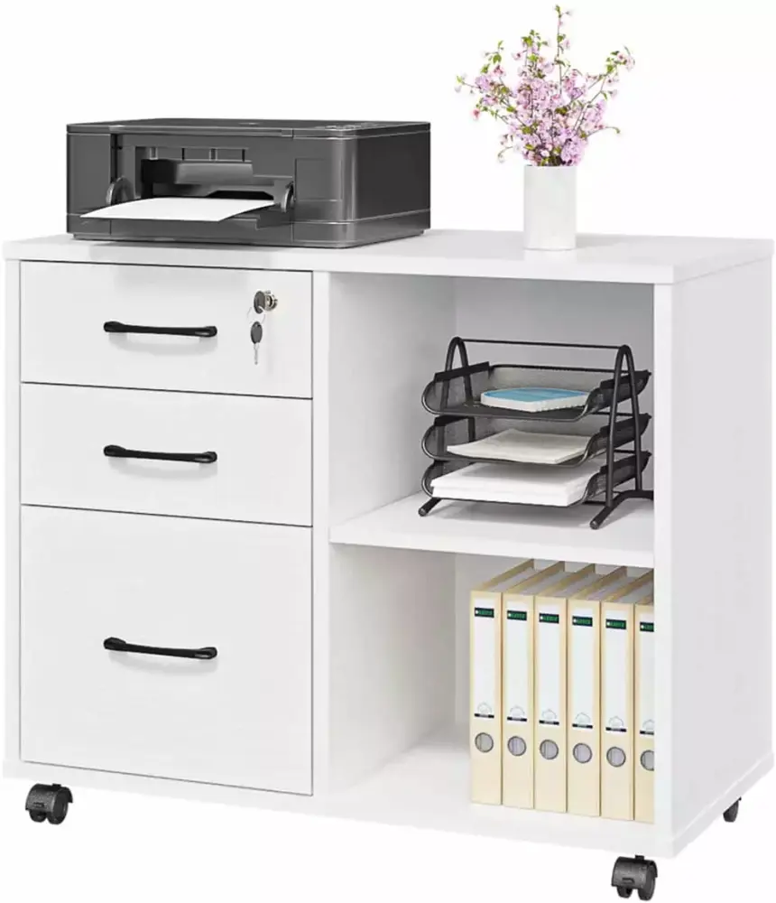 3 Drawer File Cabinets Mobile Lateral Printer Stand Open Shelf Rolling Filing Cabinet White hupaiaq