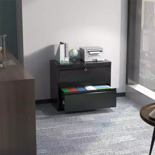 Metal Lateral Filing Cabinet 2 Drawers Home Office Locking Steel Wide File Storage Cabinet Black MaHengYue