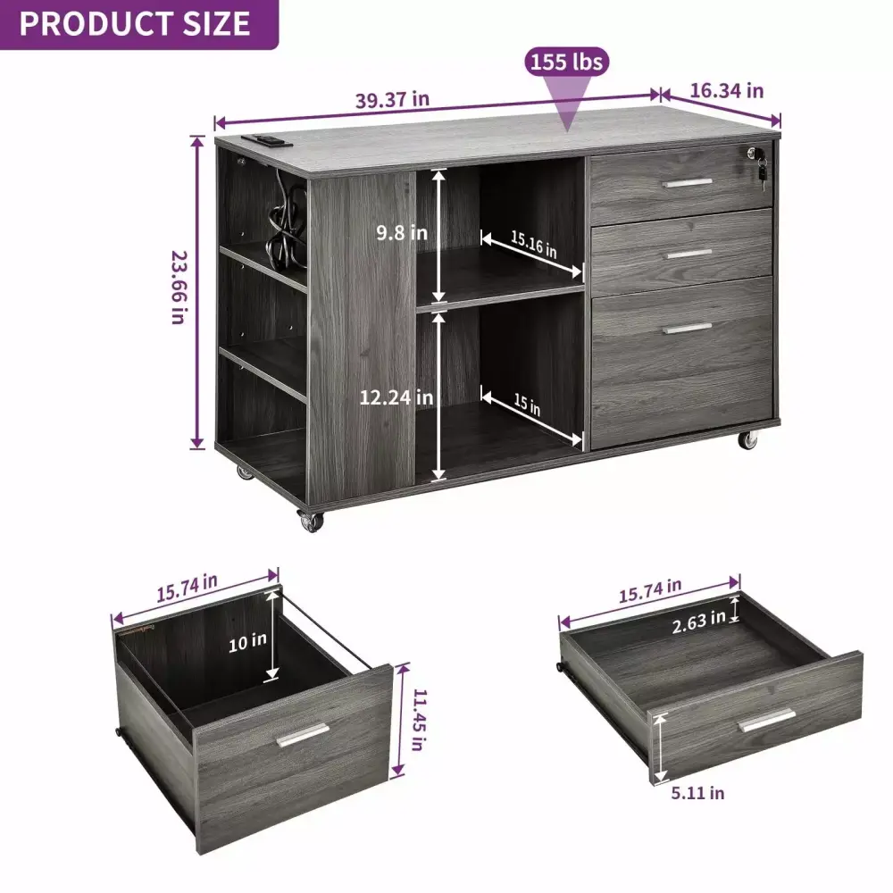 3 Drawer File Cabinet Charging Station Lateral Wood Filing Cabinet N/A