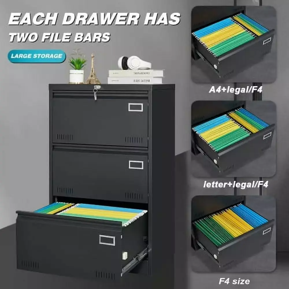 3 Drawer Lateral File Cabinet Black Locking Metal Office Storage NOBRAND