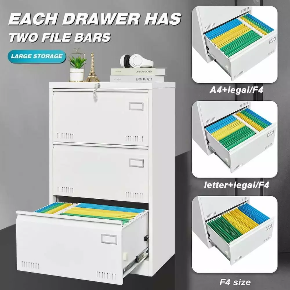 3 Drawer Lateral File Cabinet White Locking Metal Office Organizer NOBRAND