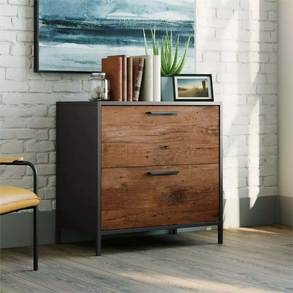 Pemberly Row Engineered Wood Lateral File Cabinet Vintage Oak Black Office Storage