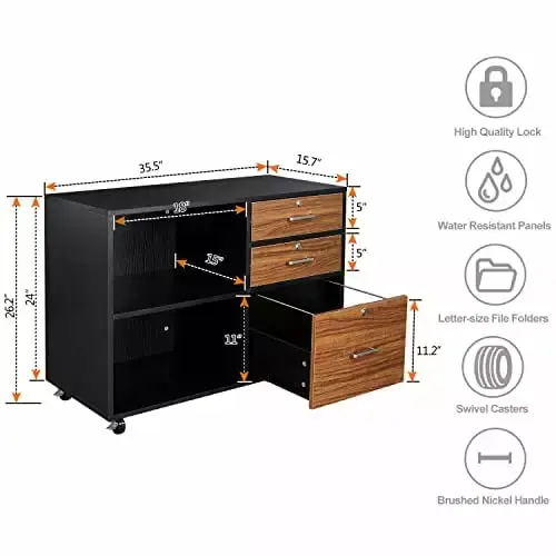 Bonnlo Black 3 Drawer File Cabinet Lock Wood Lateral File Cabinet Home Office RuXuGe