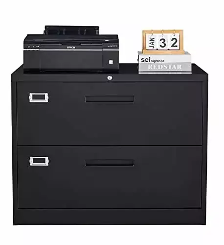 Black 2-Drawer Lateral File Cabinet Lock 35.4 Wide Drawers Hanging Files TeviRoom