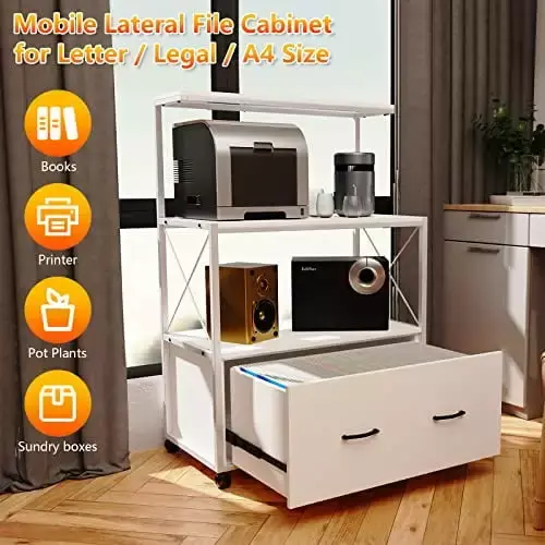 White Modern Mobile Lateral File Cabinet 1 Large Drawer and 3 Open Shelves TeviRoom